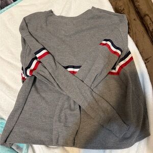 Hollister Gray Crew Neck Sweater with Red and Blue Stripes